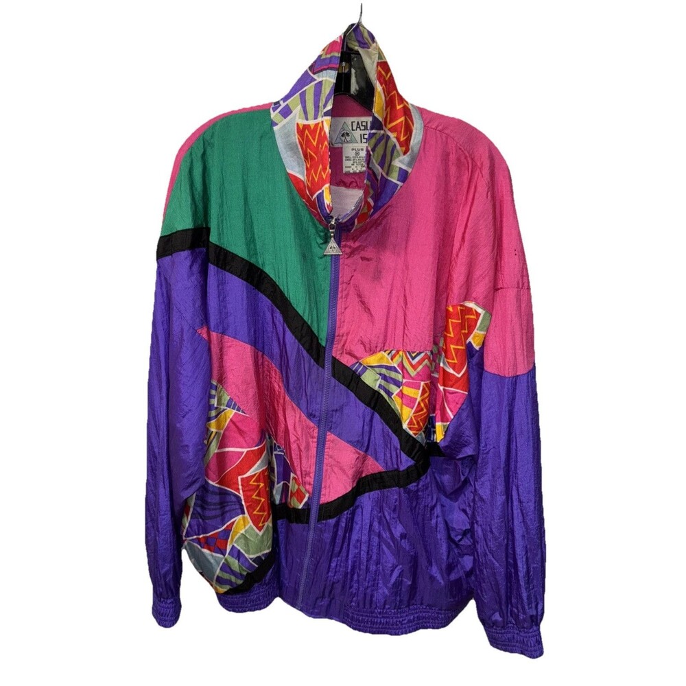 Casual Isle Track Jacket Women Vintage Colorful Nylon Windbreaker 1X Lined Zip